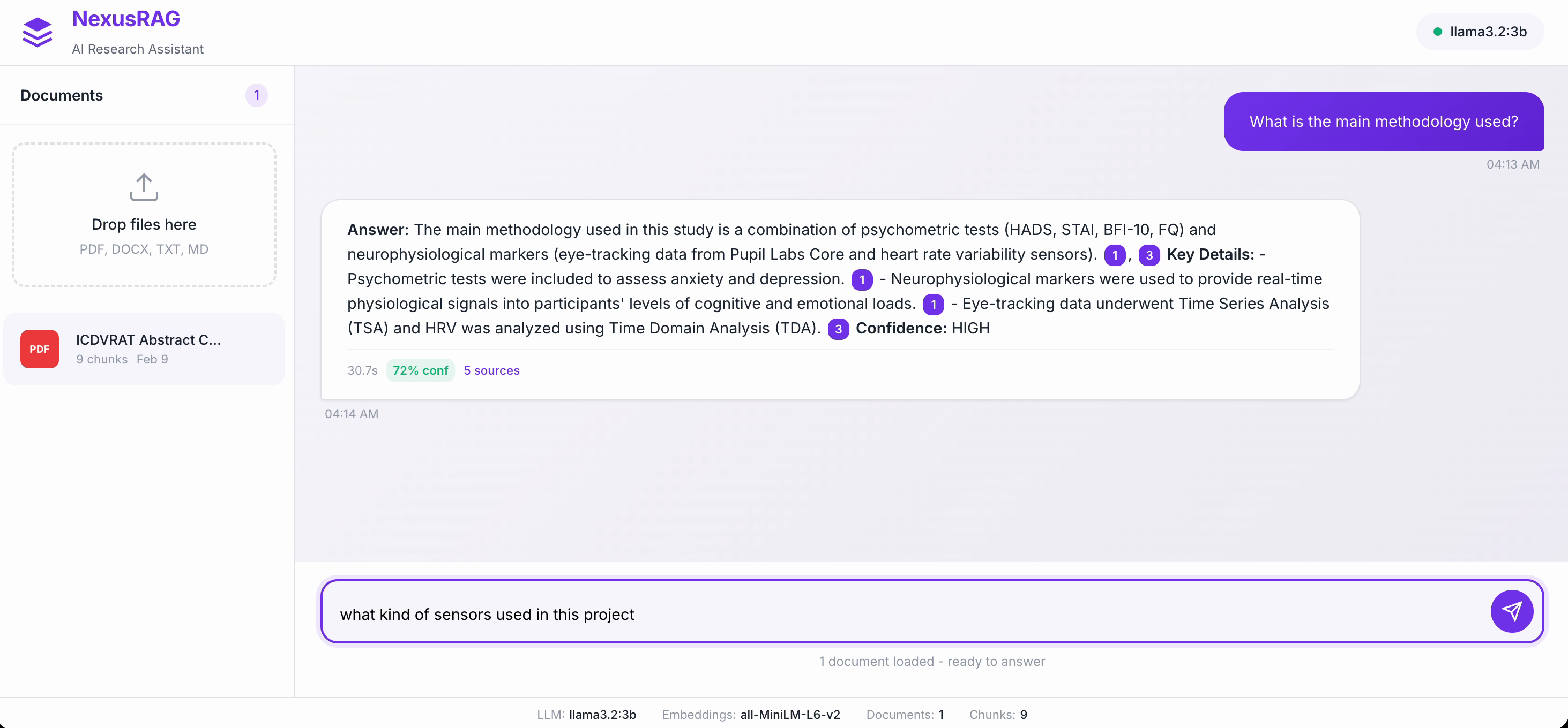 NexusRAG: cited answer with confidence score and source documents